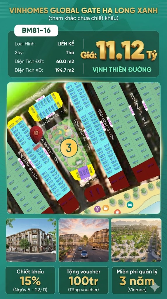 Liền Kề BM81-16 Vinhomes Global Gate Hạ Long Xanh 11.12 tỷ