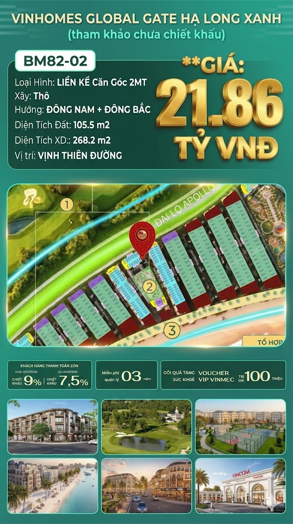 Liền Kề Góc 2MT BM82-02 Vinhomes Global Gate Hạ Long 21.86 tỷ