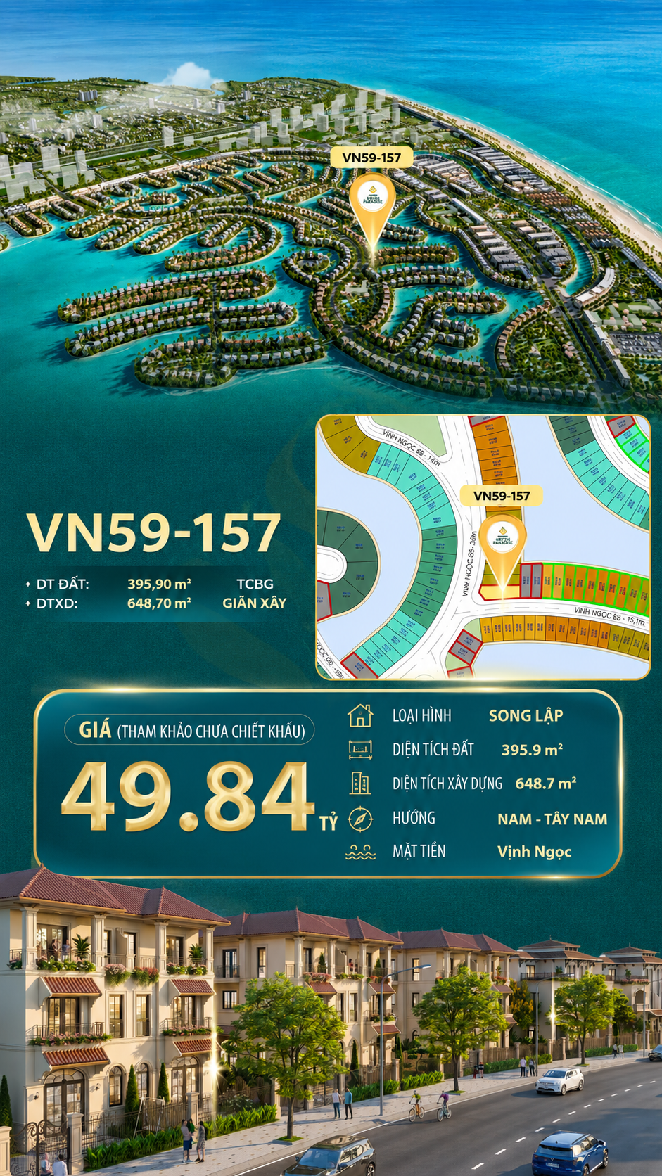 Song lập VN59-157 - Diện tích lớn mặt tiền Vịnh Ngọc