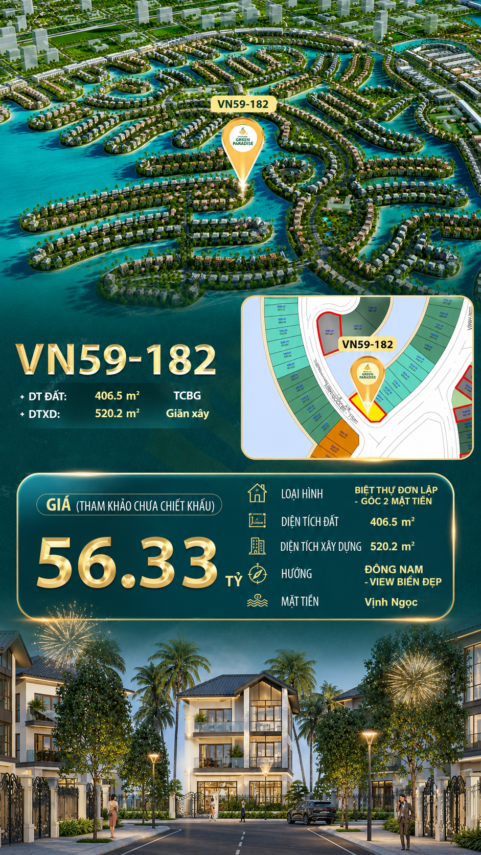 Đơn lập góc VN59-182 - 2 mặt tiền view biển Vịnh Ngọc