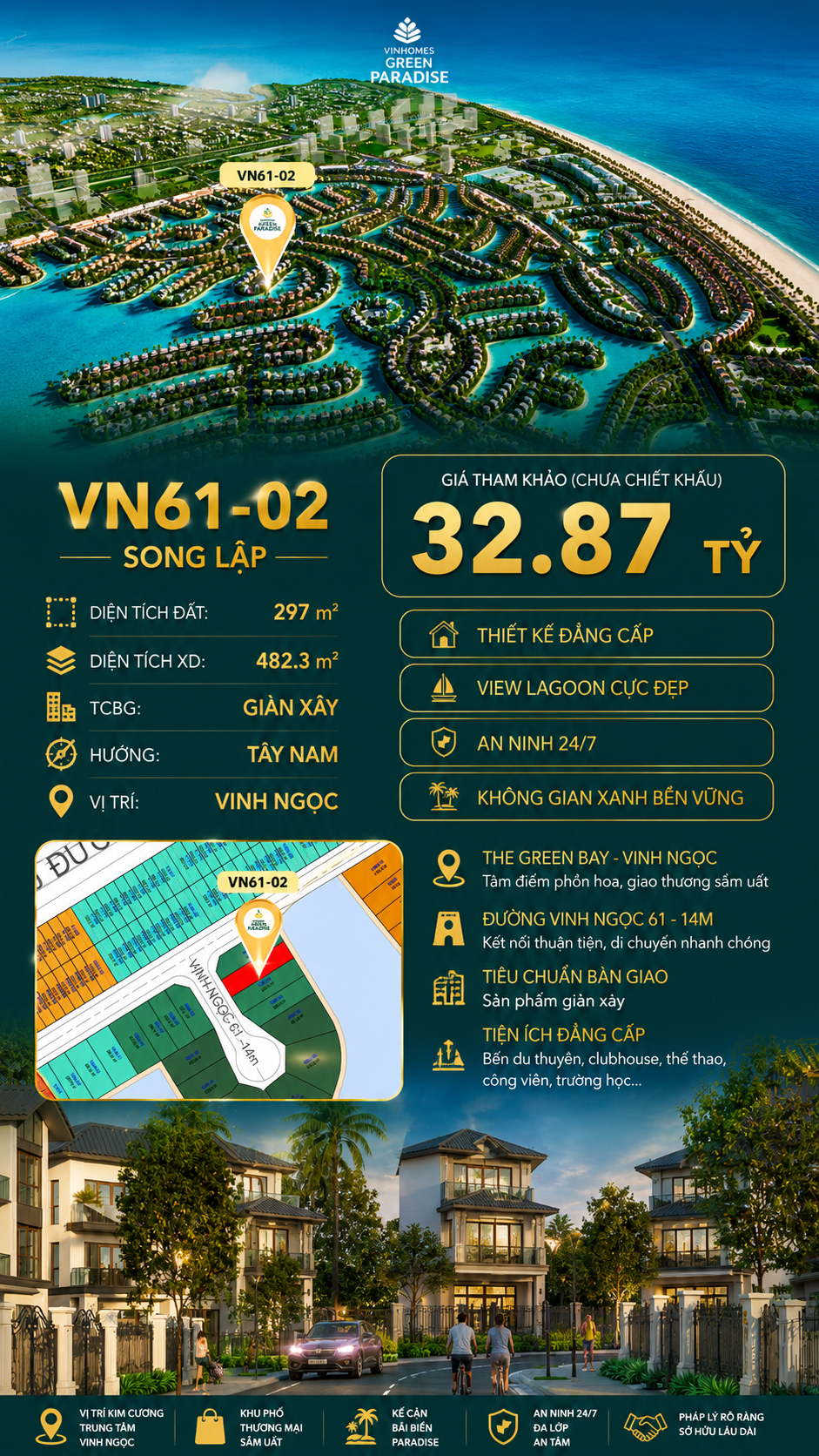 Song lập VN61-02, view Lagoon, đường nội khu, giá 32.87 tỷ