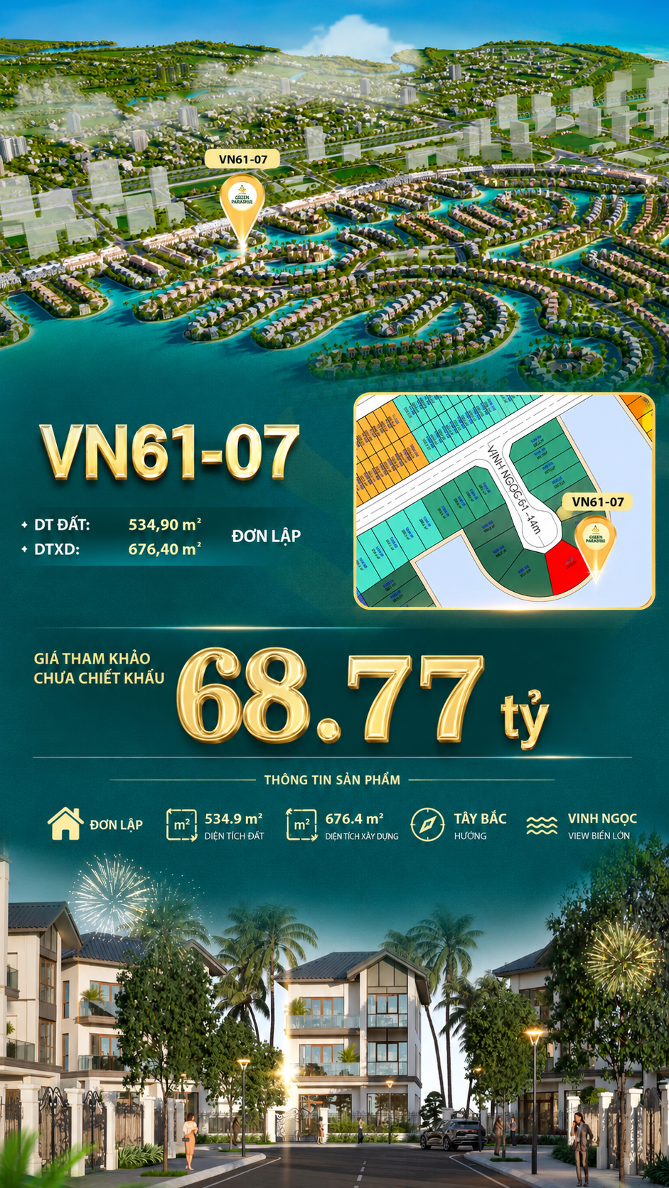 Đơn lập VN61-07, view biển hồ 800ha, giá 68.77 tỷ
