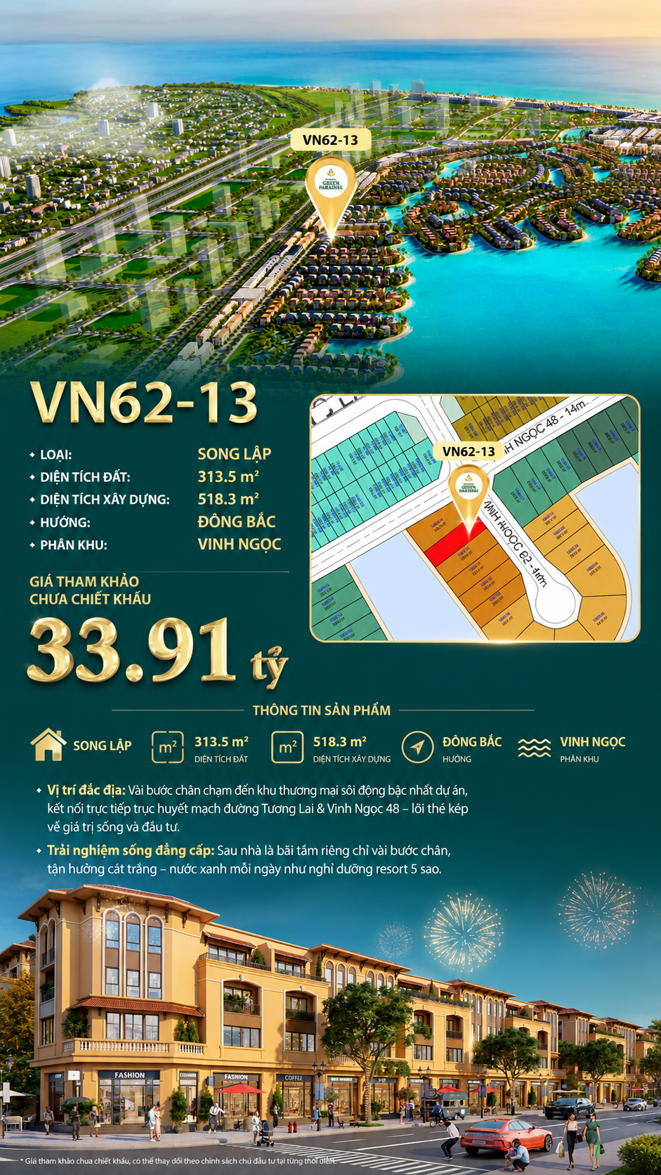 Song lập VN62-13 xây 3 tầng view biển hồ 800ha, giá 33.91 tỷ
