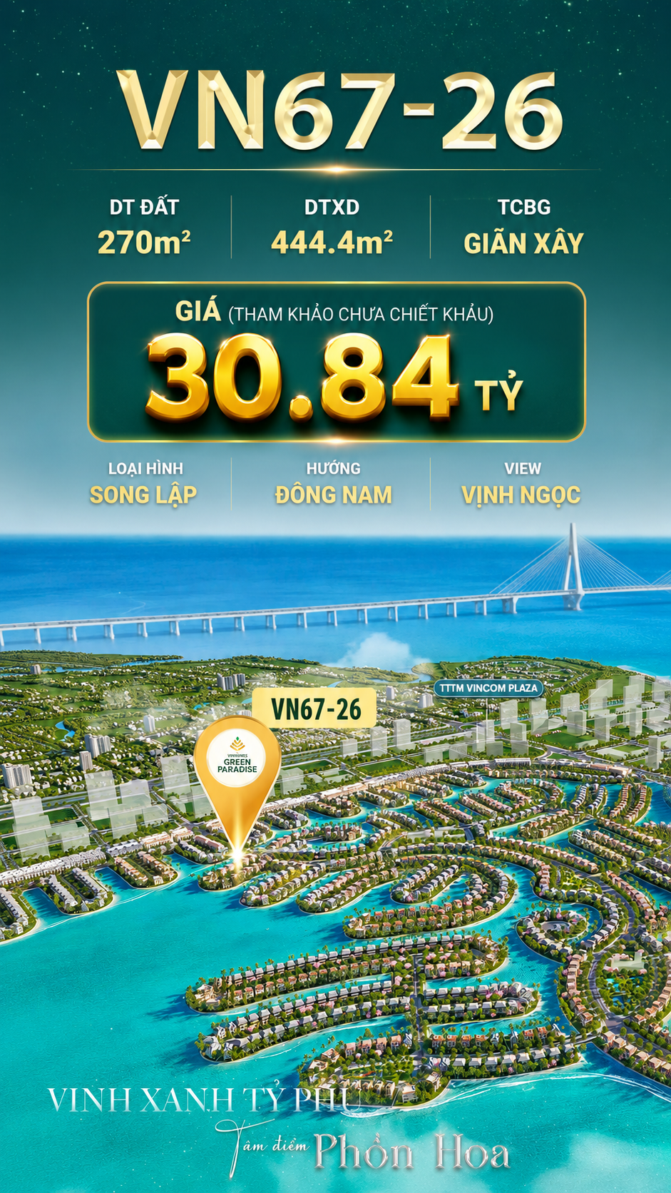 Song lập VN67-26 view biển rộng sau nhà, cạnh Vincom Plaza, giá 30.84 tỷ
