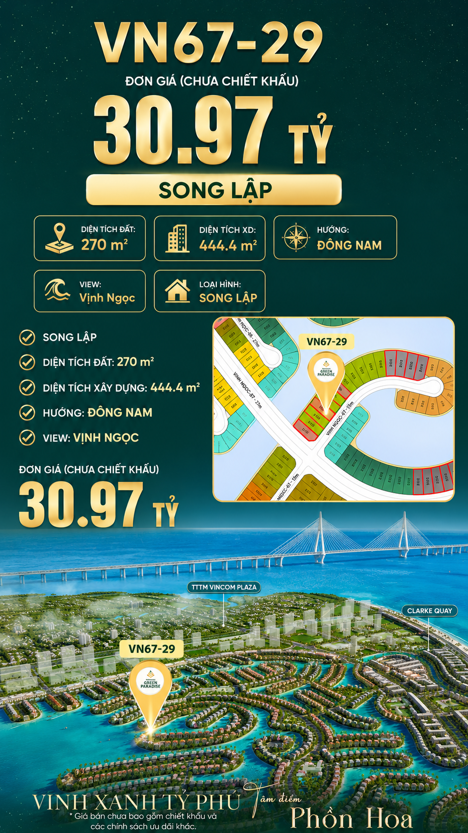 Song lập VN67-29 Clarke Quay, view biển rộng sau nhà, cạnh Vincom Plaza, giá 30.97 tỷ
