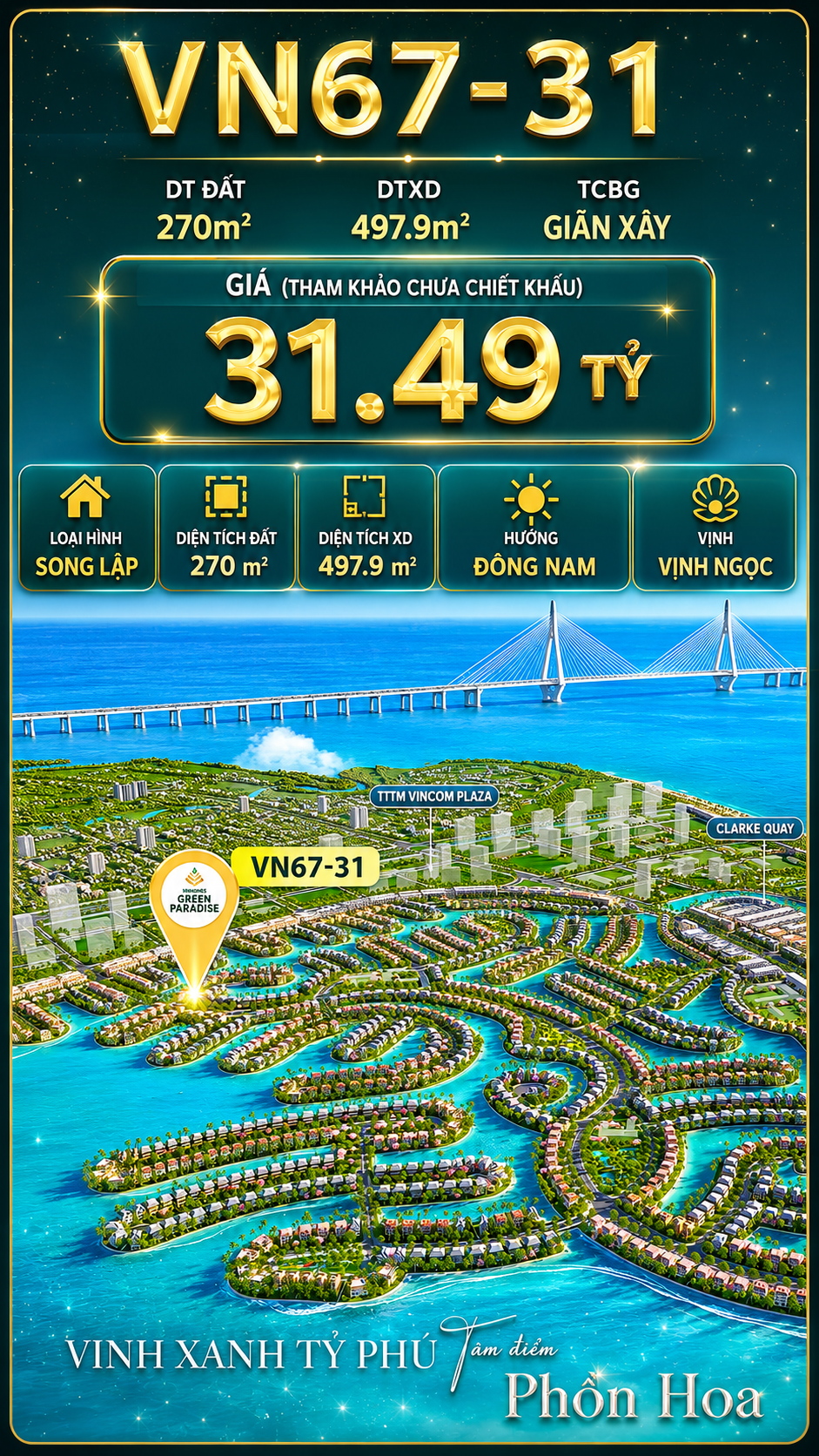 Song lập VN67-31 Clarke Quay, view biển cạnh Vincom Plaza, giá 31.49 tỷ