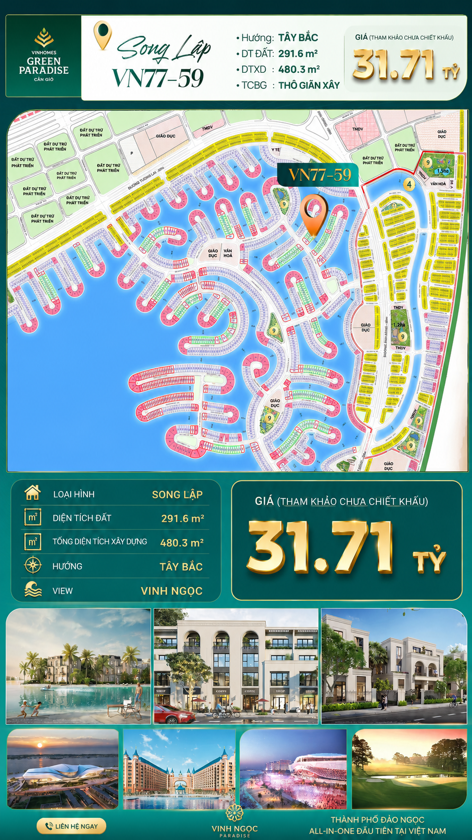 Song lập VN77-59 hướng Tây Bắc, view biển hồ, giá 31.71 tỷ