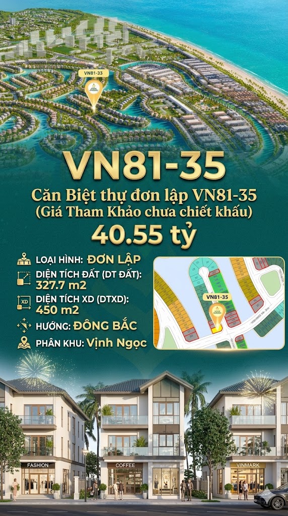 Đơn lập VN81-35, view biển hồ 800ha, hướng Đông Bắc, giá 40.55 tỷ