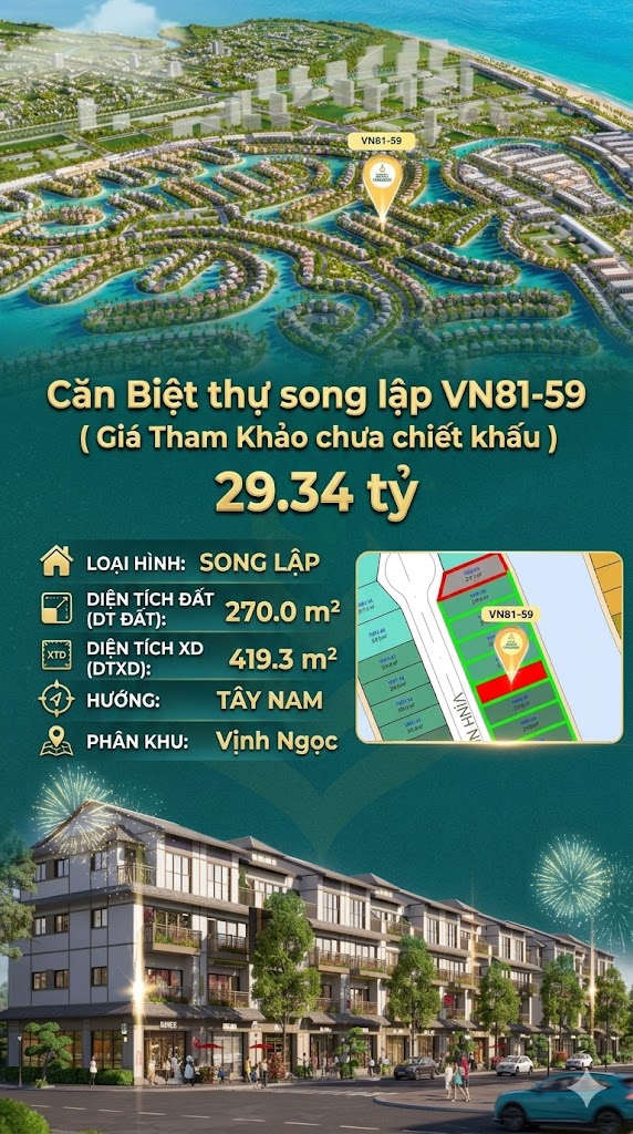 Song lập VN81-59, Tây Nam đón lộc, view biển hồ 800ha, 29.34 tỷ