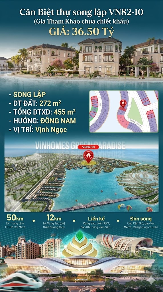 Song lập VN82-10, Đông Nam, view biển hồ 800ha, 36.5 tỷ
