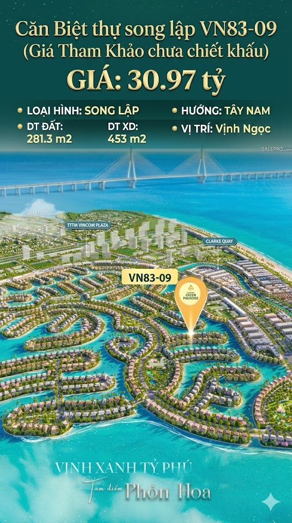 Song lập VN83-09 Tây Nam, view biển hồ 800ha, 30.97 tỷ