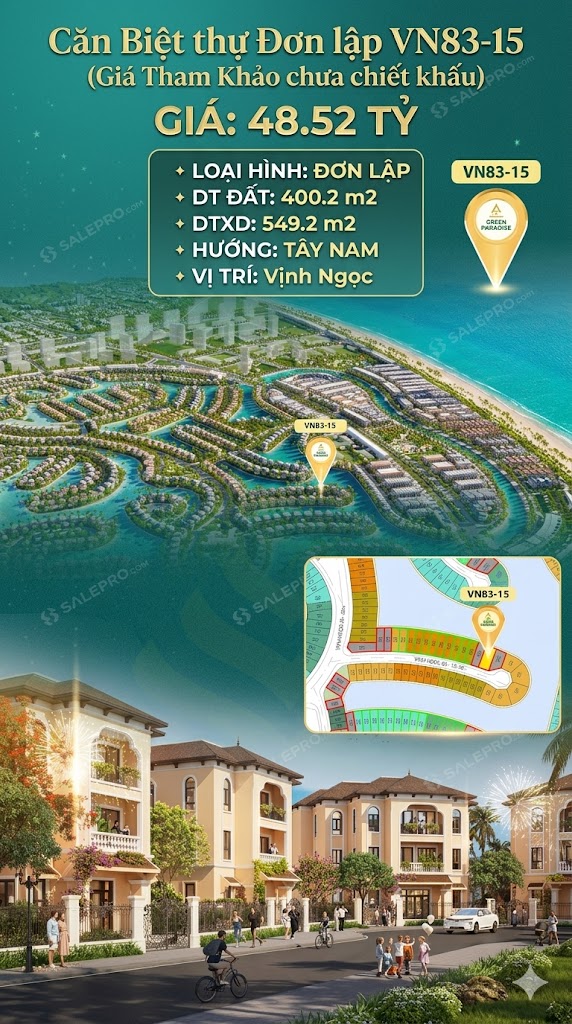 Đơn lập VN83-15, Tây Nam, view biển hồ 800ha, 48.52 tỷ