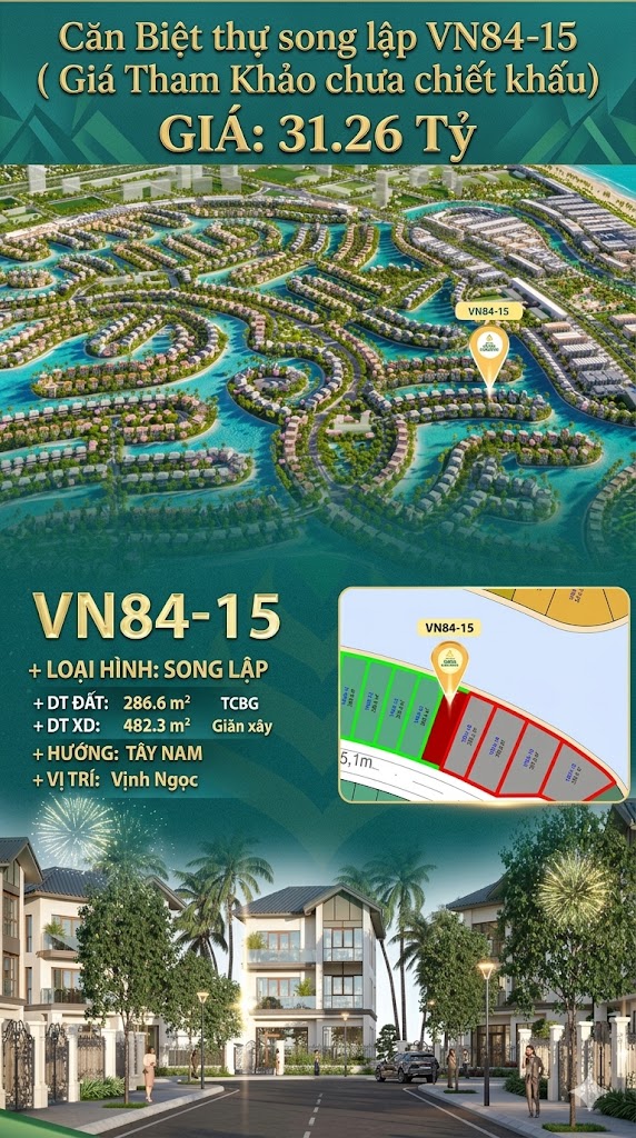 Song lập VN84-15, Tây Nam, view biển hồ 800ha, 31.26 tỷ