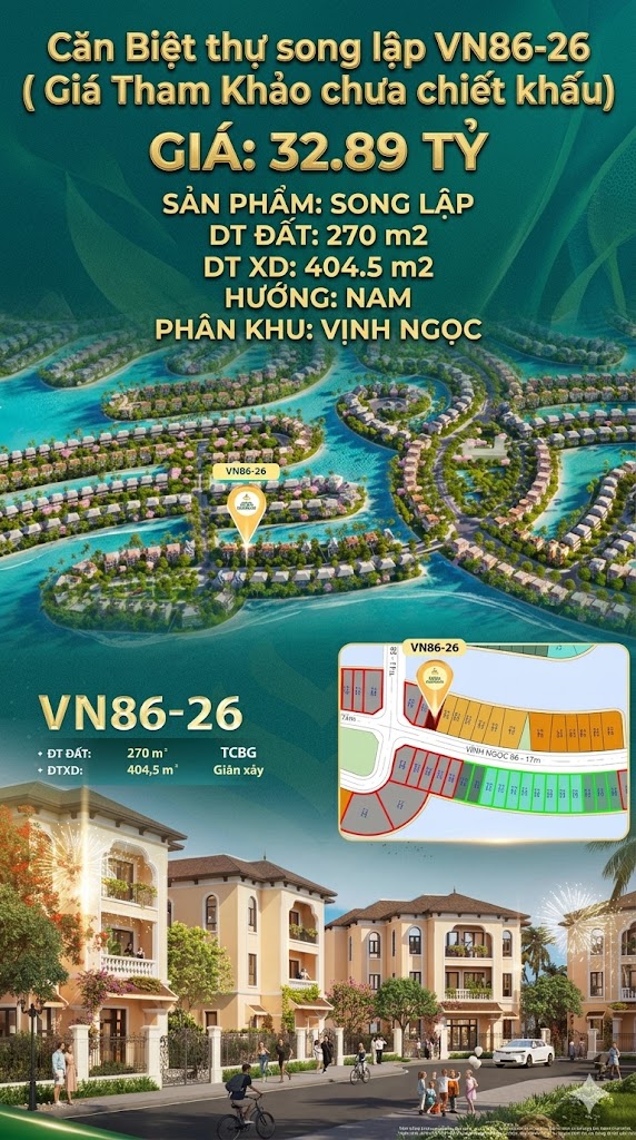 Song lập VN86-26, Nam, view biển hồ 800ha, 32.89 tỷ