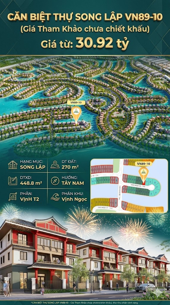 Song lập VN89-10 Tây Nam view biển hồ 800ha, 270m², 30.92 tỷ