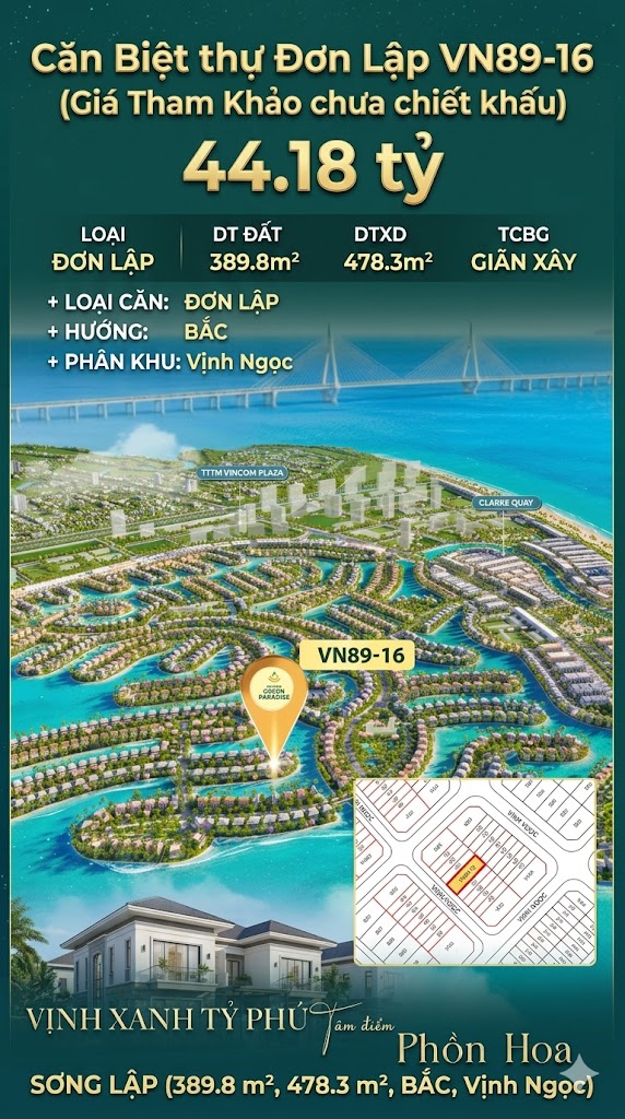 Song lập VN89-16 Bắc view biển hồ 800ha, 389.8m², 44.18 tỷ