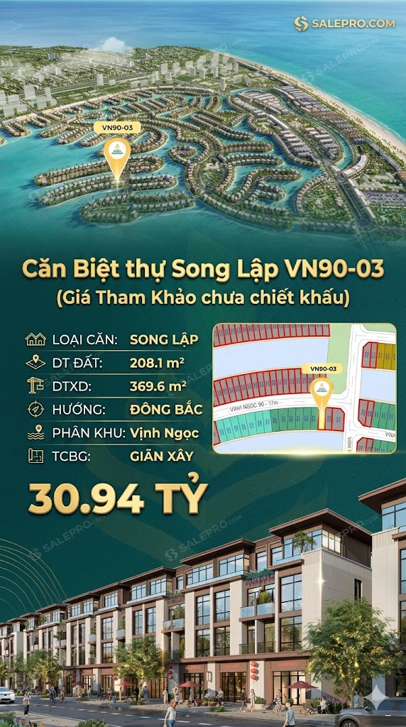 Song lập VN90-03 Đông Bắc view biển hồ 800ha, 208.1m², 30.94 tỷ