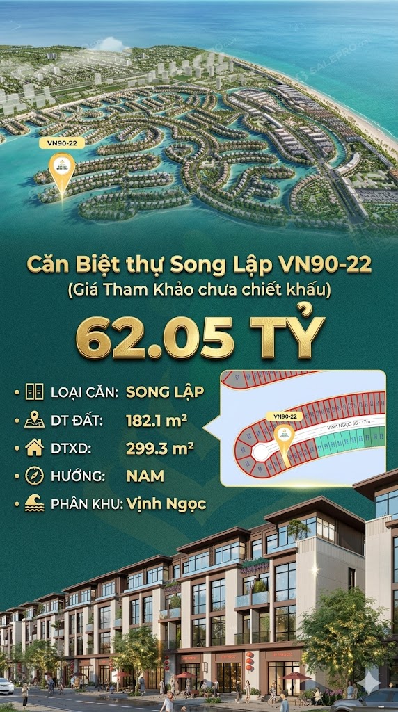 Song lập VN90-22 Nam view biển hồ 800ha, 182.1m², 62.05 tỷ