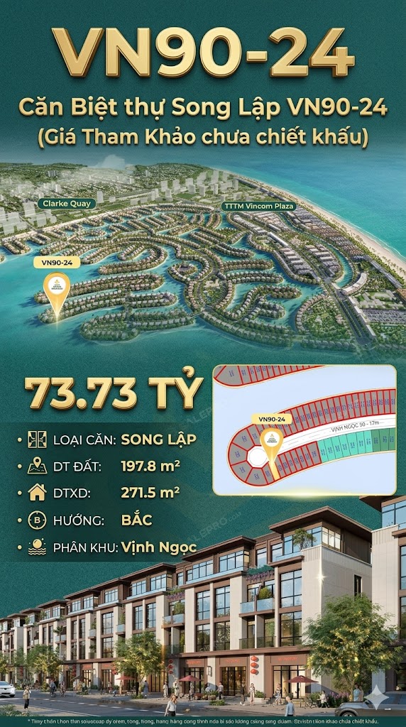 Song lập VN90-24 Bắc view biển hồ 800ha, cạnh Vincom, 197.8m², 73.73 tỷ