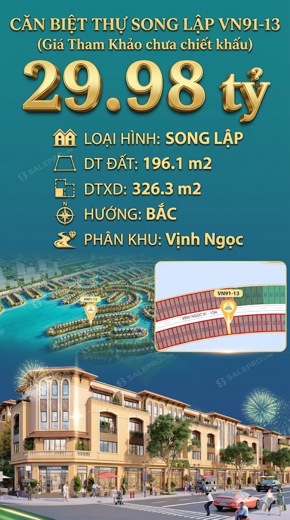 Song lập víp VN91-13 Bắc view biển hồ 800ha, 196.1m², 29.98 tỷ