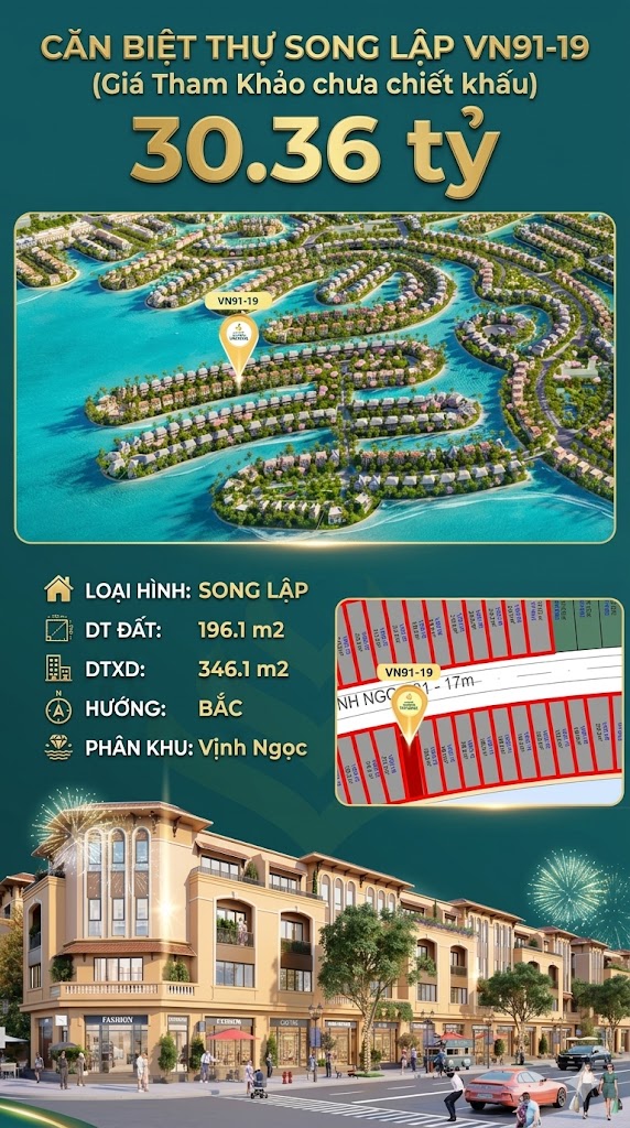 Song lập víp VN91-19 Bắc view biển hồ 800ha, 196.1m², 30.36 tỷ