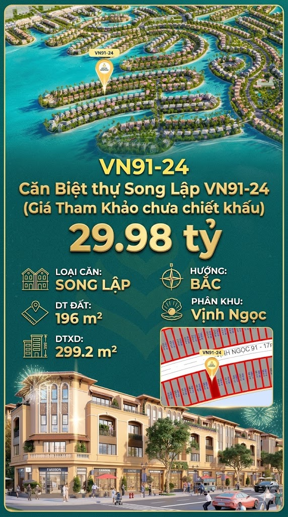 Song lập víp VN91-24 Bắc view biển hồ 800ha, mặt tiền 17m, 196m², 29.98 tỷ