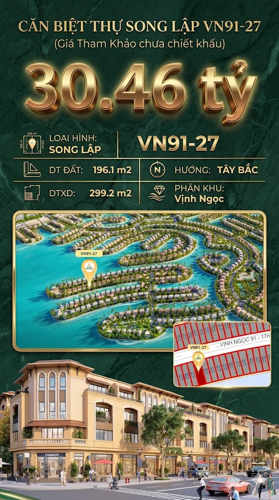 Song lập víp VN91-27 Tây Bắc view biển hồ 800ha, 196.1m², 30.46 tỷ