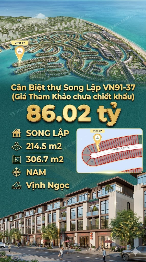 Song lập viip VN91-37 Nam view biển hồ 800ha, 214.5m², 86.02 tỷ