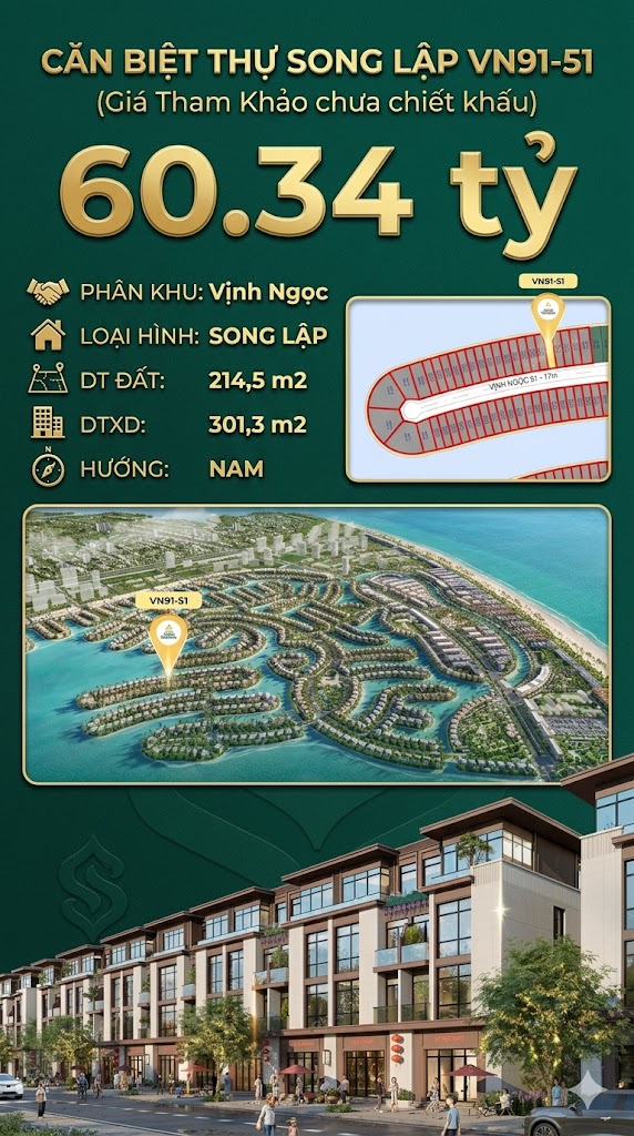 Song lập víp VN91-51 Nam view biển hồ 800ha, 214.5m², 60.34 tỷ