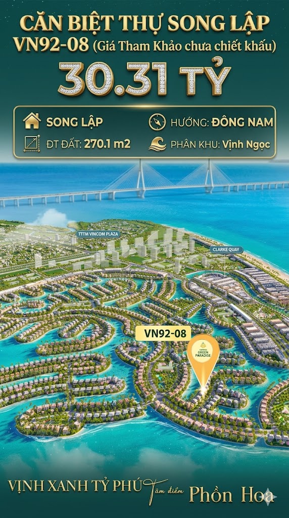 Song lập VN92-08 Đông Nam view biển hồ 800ha, 270.1m², 30.31 tỷ