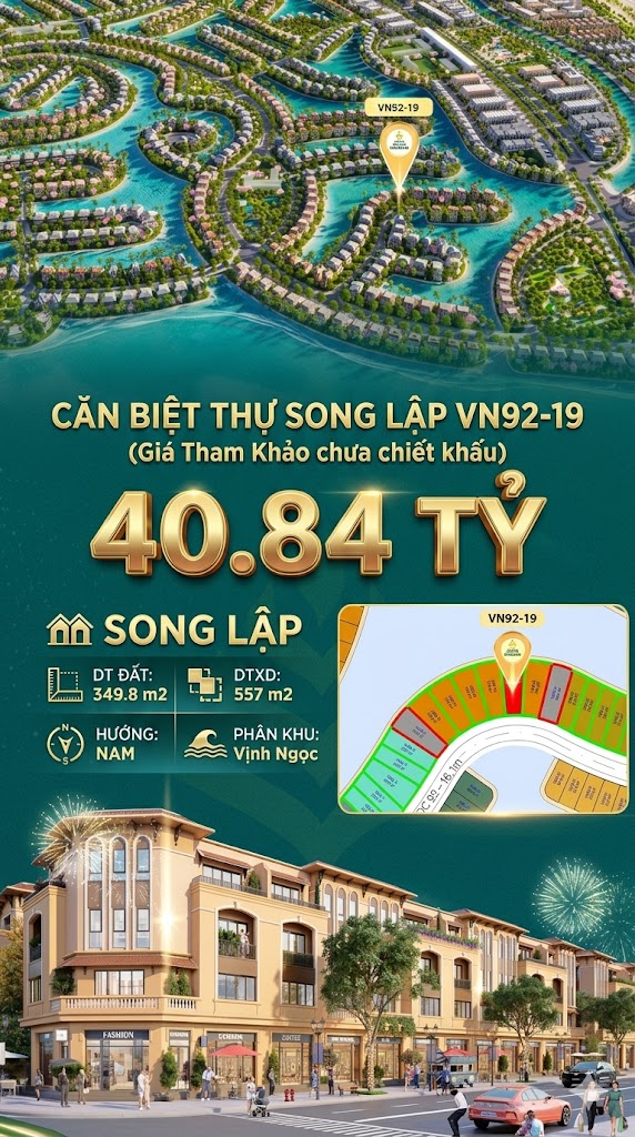 Song lập VN92-19 Nam view biển hồ 800ha, đất 349.8m², 40.84 tỷ