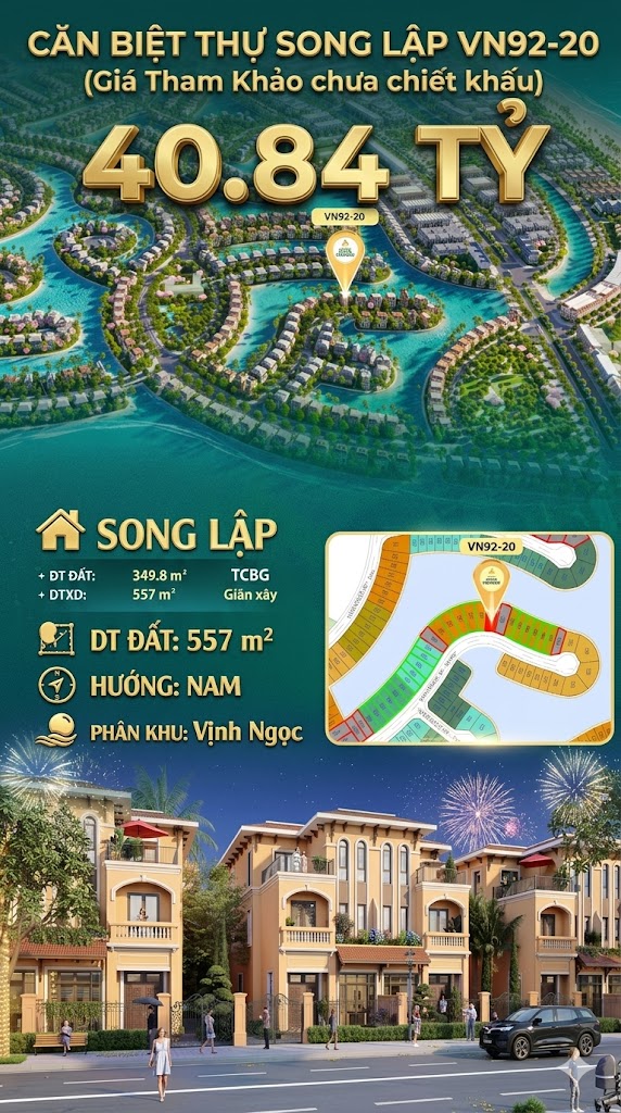 Song lập VN92-20 Nam view biển hồ 800ha, đất 349.8m², 40.84 tỷ