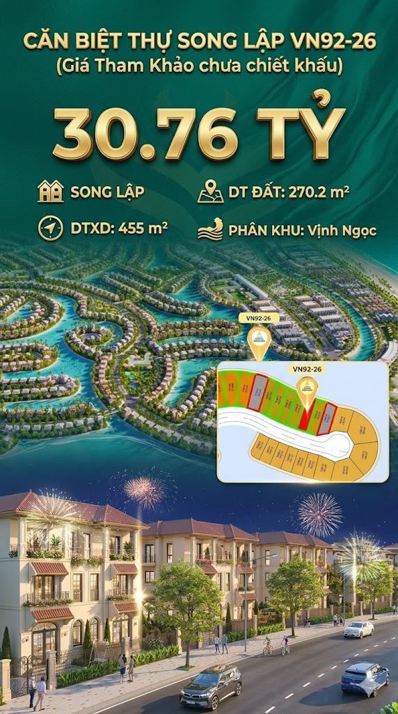 Song lập VN92-26 Tây Nam view biển hồ 800ha, 270.2m², 30.76 tỷ