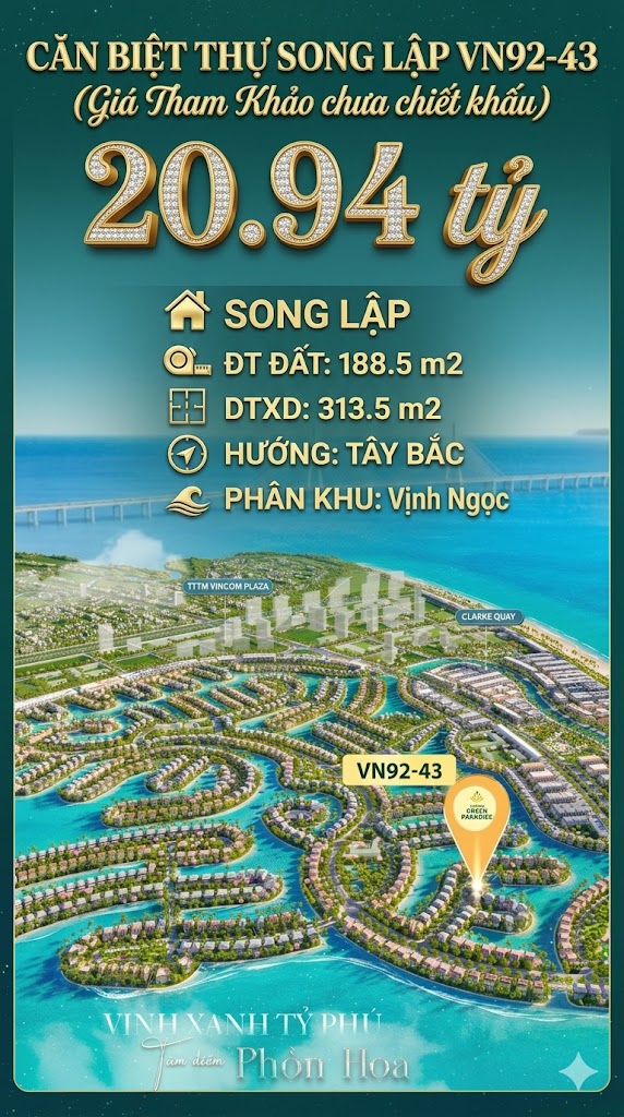 Song lập VN92-43 Tây Bắc view biển hồ 800ha,188.5m², 20.94 tỷ