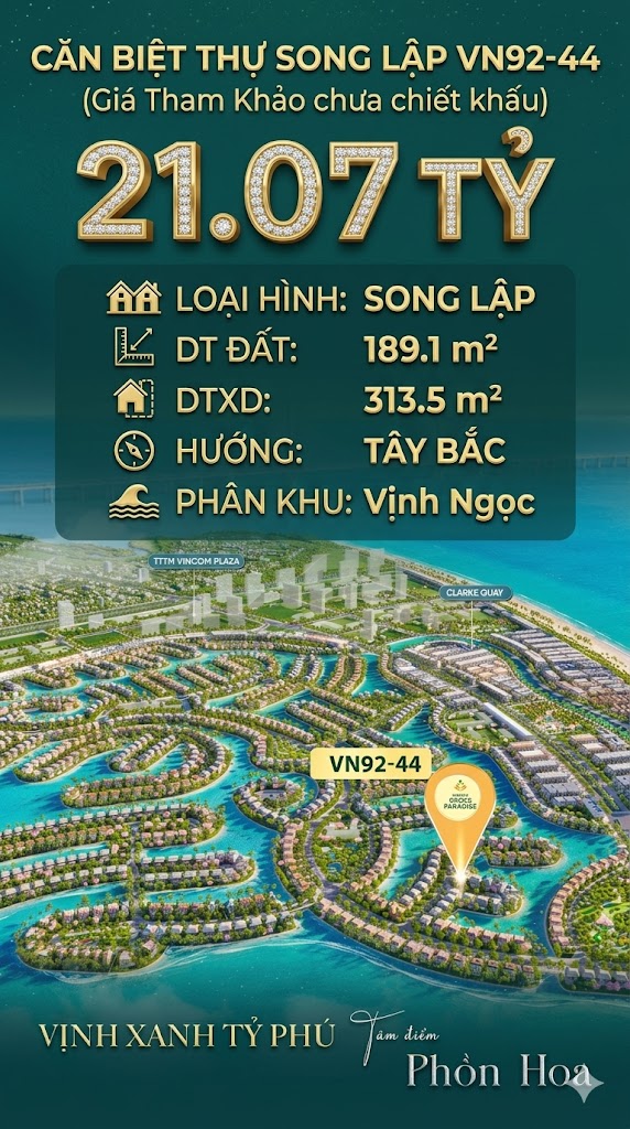 Song lập VN92-44 Tây Bắc view biển hồ 800ha, cạnh Vincom, 189.1m², 21.07 tỷ