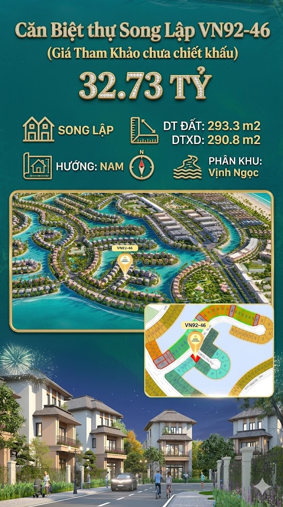 Song lập VN92-46 Nam view biển hồ 800ha, đất 293.3m², 32.73 tỷ