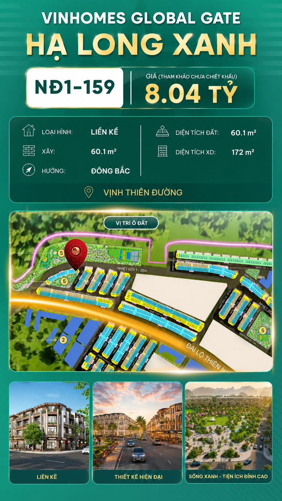 Liền Kề NĐ1-159 Vinhomes Global Gate Hạ Long Xanh 8.04 tỷ