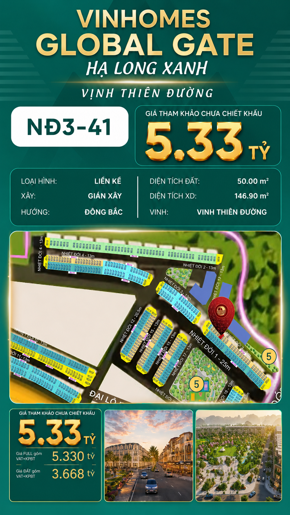 Liền Kề NĐ3-41 Vinhomes Global Gate Hạ Long Xanh 5.33 tỷ