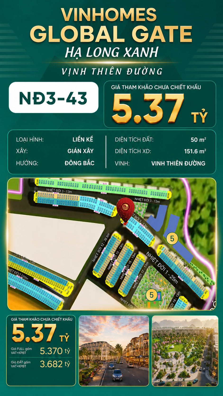 Liền Kề NĐ3-43 Vinhomes Global Gate Hạ Long Xanh 5.37 tỷ