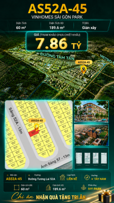Nhà phố liền kề AS52A-45 Ivy Park Vinhomes Sài Gòn Park Giá 7.86 Tỷ