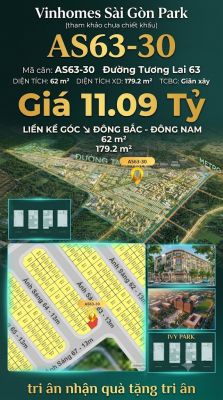Nhà phố liền kề góc AS63-30 Ivy Park Vinhomes Sài Gòn Park Giá 11.09 Tỷ