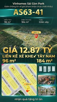 Nhà phố liền kề xẻ khe AS63-41 Ivy Park Vinhomes Sài Gòn Park Giá 12.87 Tỷ