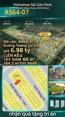 Nhà phố liền kề AS64-07 Ivy Park Vinhomes Sài Gòn Park Giá 6.98 Tỷ