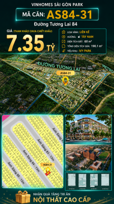Nhà phố AS84-31 Ivy Park Vinhomes Sài Gòn Park Giá 7.35 Tỷ 60m²