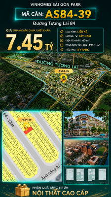 Nhà phố AS84-39 Ivy Park Vinhomes Sài Gòn Park Giá 7.45 Tỷ 60m²