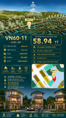 Song lập VN60-11 – đơn lập, view Lagoon, quảng trường lễ hội, giá 58.94 tỷ