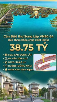 Song lập VN90-34 Đông Nam view biển hồ 800ha, 206.4m², 38.75 tỷ