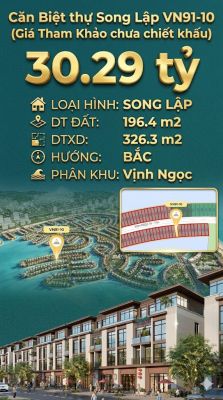Song lập víp VN91-10 Bắc view biển hồ 800ha, 196.4m², 30.29 tỷ