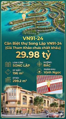 Song lập víp VN91-24 Bắc view biển hồ 800ha, mặt tiền 17m, 196m², 29.98 tỷ