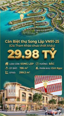 Song lập vip VN91-25 Bắc view biển hồ 800ha, mặt tiền 17m, 196m², 29.98 tỷ